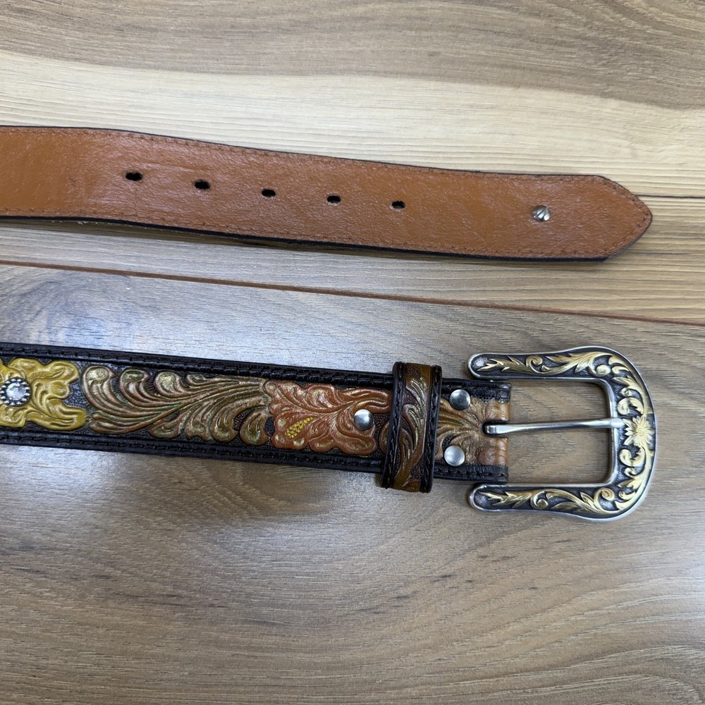 Western Tooled Leather Womens Belt XL Floral Embossed Rhinestones Cowgirl Boho - Picture 6 of 7